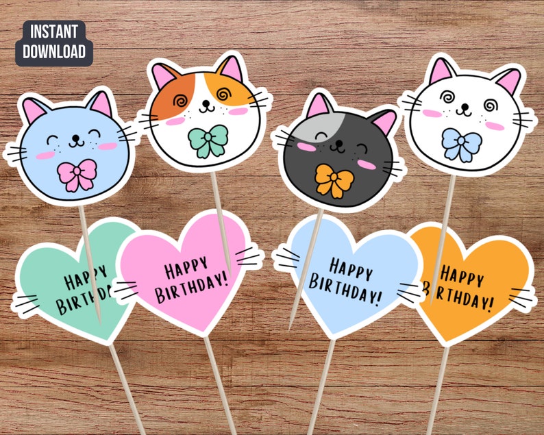 Printable Birthday Cupcake Toppers With Cute Cat Design, Happy Birthday ...