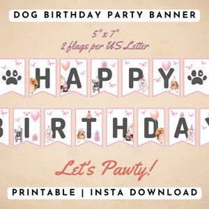 Printable Happy Birthday Girl Dog Banner, Girl Puppy Birthday Bunting, Girl Dog Theme Puppy Pawty Banner, Pastel Pink, PDF, Instant Download