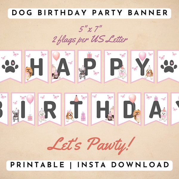 Printable Happy Birthday Girl Dog Banner, Girl Puppy Birthday Bunting, Girl Dog Theme Puppy Pawty Banner, Pastel Pink, PDF, Instant Download