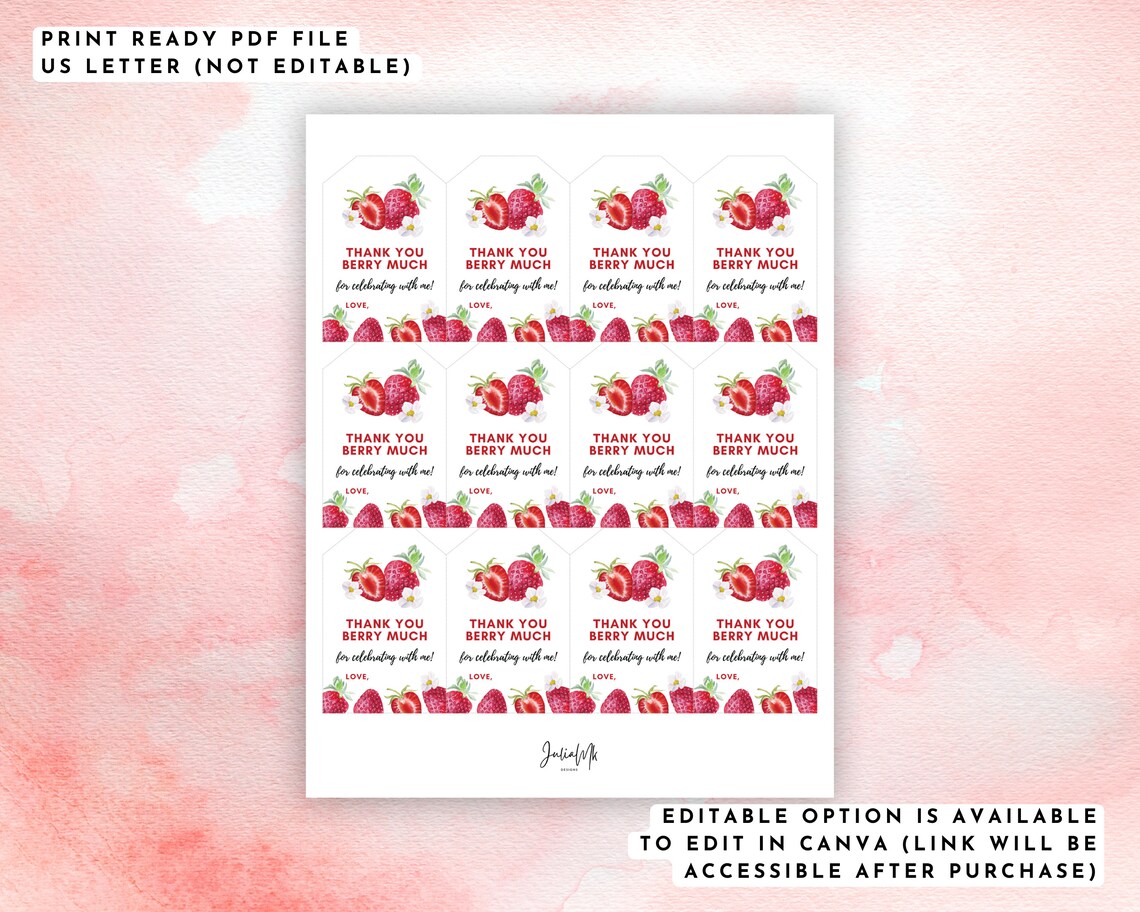 Printable and Editable Thank You Berry Much Gift Tag, Strawberry Favor ...