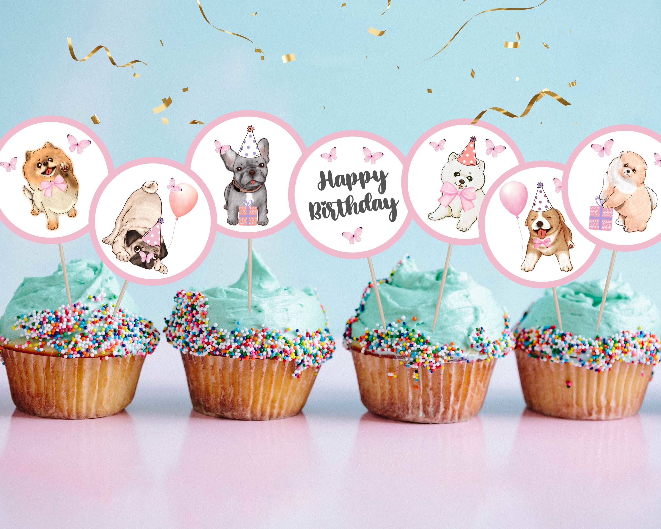 Printable Pink Dog Birthday Party Cupcake Toppers, Puppy Pawty Cupcake Decorations, Lets Pawty ...
