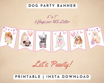 Printable Dog Party Banner, Dog Themed Birthday Party Bunting, Puppy Birthday Decorations, Puppy Pawty Birthday Banner, Pink, PDF