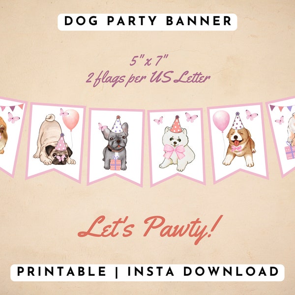 Printable Dog Party Banner, Dog Themed Birthday Party Bunting, Puppy Birthday Decorations, Puppy Pawty Birthday Banner, Pink, PDF