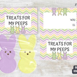 May include: Printable 3x4 inch Easter treat bag tags with a chevron pattern in pink, yellow, and green. The tags feature the text "Treats for My Peeps" and three cartoon bunnies.