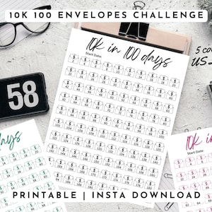 Desafio de 100 envelopes 10K para impressão, Rastreador de economia, Desafio 10K, Meta de economia, Desafio de dinheiro, 5 cores, Carta dos EUA PDF