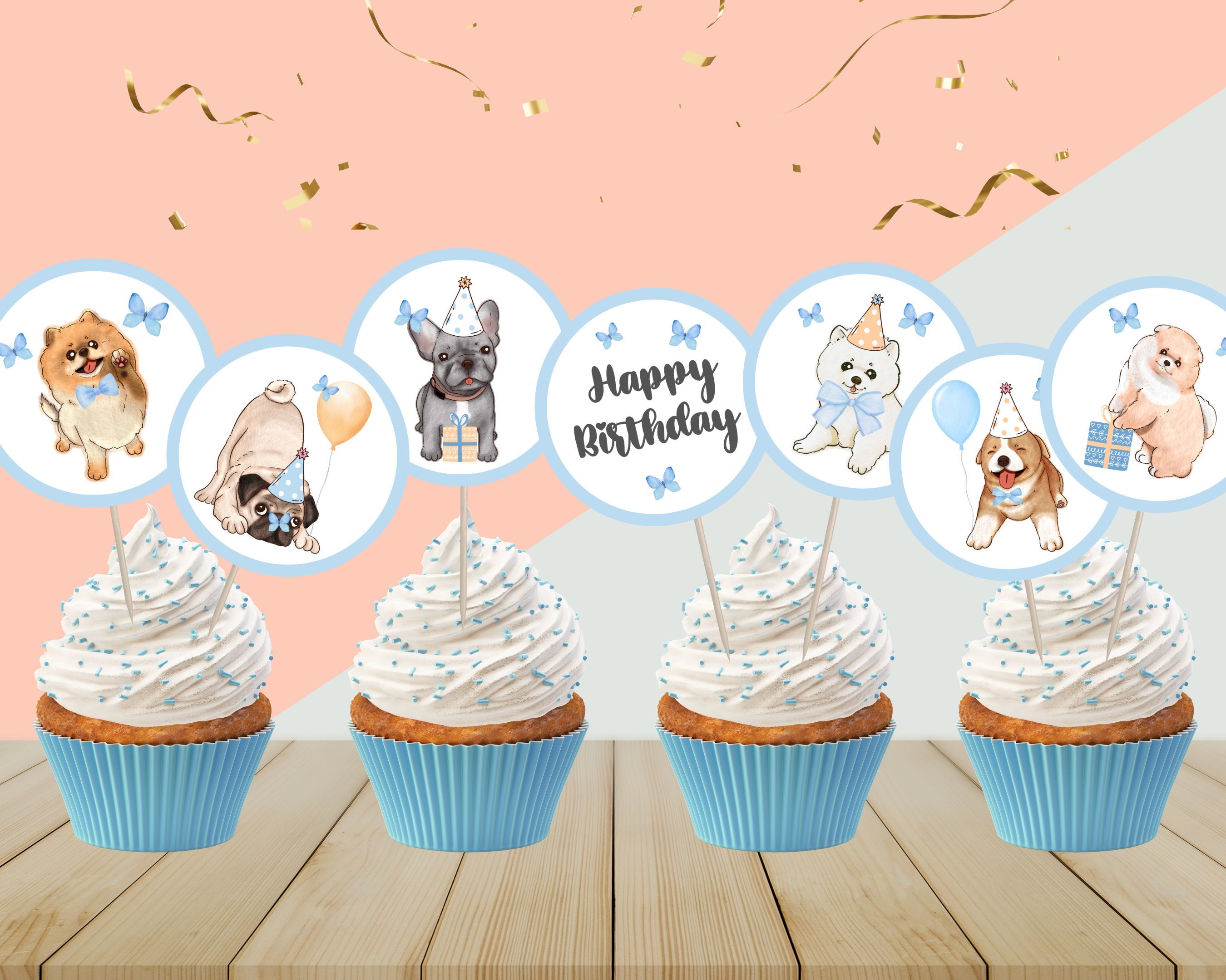 Printable Blue Dog Birthday Party Cupcake Toppers, Puppy Pawty Cupcake Decorations, Lets Pawty ...