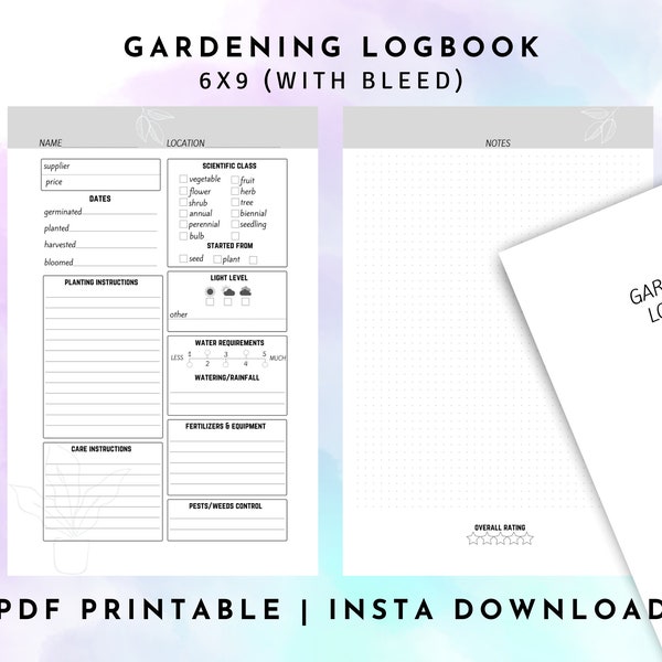 Gardening Log Book, Printable Gardening LogBook, Gardening Journal, Instant Download, 6"x9" PDF
