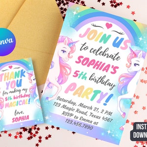 Editable And Printable Unicorn Birthday Invitation Plus Birthday Thank You Gift Tag, Unicorn Invitation Template, Magical Party Invite