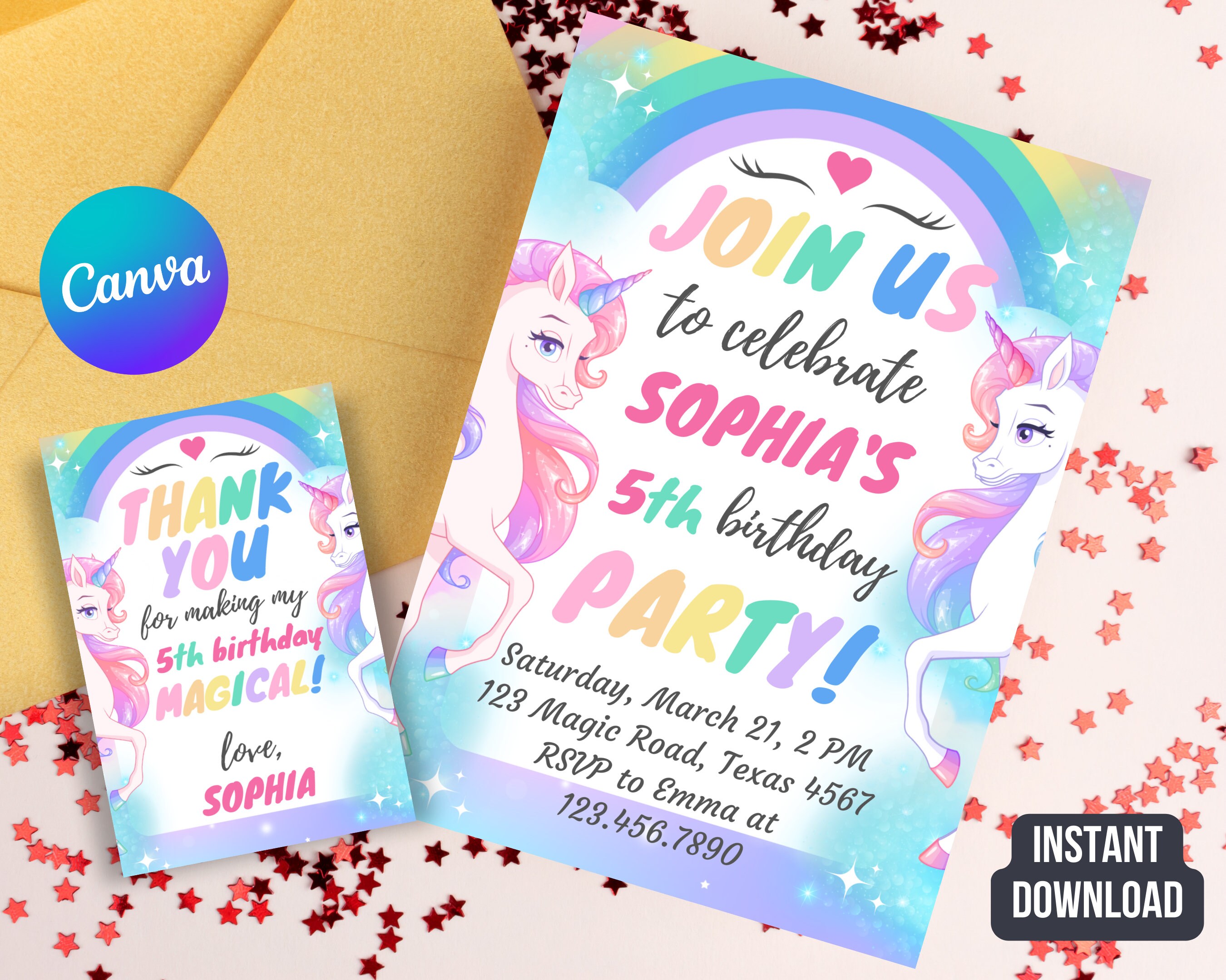 Editable and Printable Unicorn Birthday Invitation Plus Birthday Thank ...