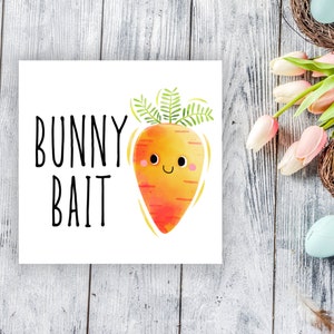 May include: A white card with the text "BUNNY BAIT" in black lettering. A cartoon carrot with a smiling face is illustrated on the card.