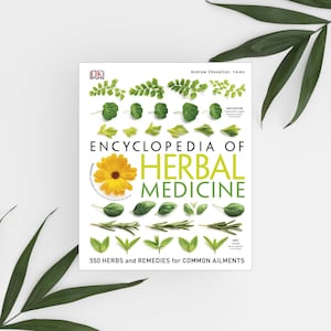 Puede incluir: Un libro de tapa dura titulado "Enciclopedia de Medicina Herbal" con una cubierta blanca con hierbas verdes y una flor amarilla. El libro está rodeado de hojas verdes sobre un fondo blanco.