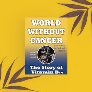 Puede incluir: Una portada de libro con fondo azul y texto blanco que dice "WORLD WITHOUT CANCER". La portada también presenta una foto de un cristal y el texto "The Story of Vitamin B17".