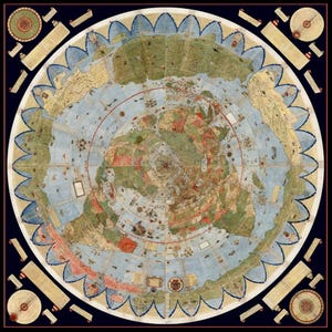 May include: A detailed, antique map of the world, featuring a circular design with landmasses in shades of green, brown, and beige, surrounded by blue oceans. The map includes decorative elements and text, set against a dark blue background.