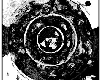 World Beyond The Ice Wall Hidden Lands B&W with Real Flat Earth Map - Premium Semi-Glossy Paper Poster 70x70 cm / 28x28″