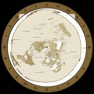 May include: A flat-earth map with a circular design, featuring a world map in shades of brown and beige. The map includes labeled continents and oceans, surrounded by a brown border with Roman numerals and a clock-like design. The background is black.