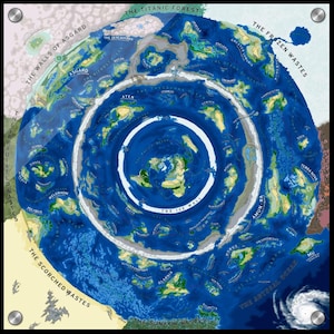 May include: A detailed map illustrating a flat Earth concept, with concentric circles representing land and water. The map includes labels such as "The Ice Wall," "The Frozen Wastes," and "The Scorched Wastes." The color scheme is primarily blue, green, and yellow.
