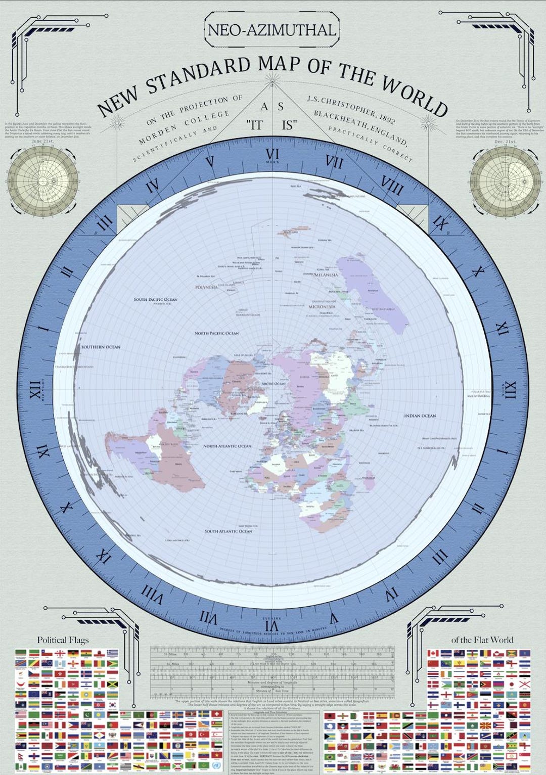 Neo-azimuthal Flat Earth Map | Political Borders & Flags Poster - Etsy