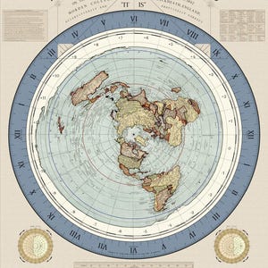 May include: A vintage-style map titled "Gleason's Map New Standard Map of the World." The map features a circular design with continents in muted colors, surrounded by a blue ring with time zones and text. Includes text: "On the projection of Morden College scientifically and practically correct."