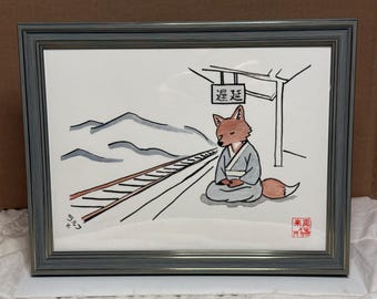 Fox Life Delayed – Original 9x12 Ink and Watercolor, Framed Japanese Wall Art
