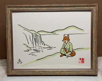 Focus in the Flow, Original 9x12 Ink and Watercolor, Framed Japanese Fox Wall Art