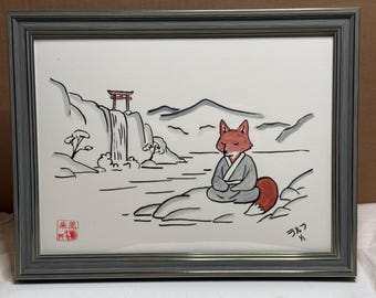Fox at the Falls – Original 9x12 Ink and Watercolor, Framed Japanese Wall Art