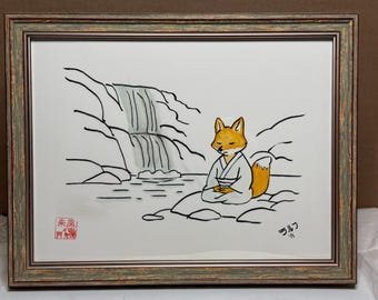 Peace Found, Peace Kept, Original 9x12 Ink and Watercolor, Framed Japanese Fox Wall Art