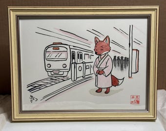 The Sakura Express and the Fox, Original 9x12 Ink and Watercolor, Framed Japanese Wall Art