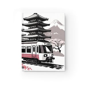 May include: A black and white illustration of a Japanese train traveling through a scenic landscape. The train is in the foreground, with a pagoda and Mount Fuji in the background. Cherry blossoms are blooming on a tree to the right of the train.