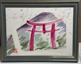 The Gate I Carry With Me, Original 9x12 Ink and Watercolor, Framed Japanese Wall Art