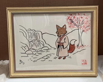 Fox Under the Blossoms – Original 9x12 Ink and Watercolor, Framed Japanese Wall Art