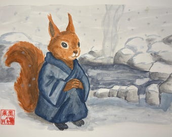 Original Watercolor Painting: Winter Onsen Squirrel – Japanese Animal Wall Art