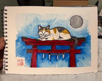 Original Watercolor Painting: Calico Cat on Torii Gate, Moonlit Japanese Art