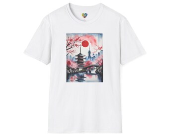 Japanese Pagoda and Cherry Blossom Tee Shirt Unisex Scenic Graphic Tee
