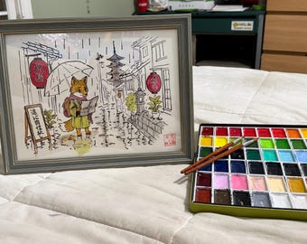 Original Watercolor Painting: Lost Fox in Gion Kyoto Travel Art (9x12 Framed)