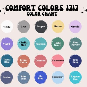 May include: A color chart with 16 different paint colors, labeled with names like "White", "Grey", "Pepper", "Butter", "Orchid", "Violet", "Chalky Mint", "Seafoam", "Light Green", "Blue Spruce", "Topaz Blue", "Terra Cotta", "Crimson", "Watermelon", "True Navy", "Denim", "Blue Jean", "Flo Blue", "Chambray", and "Lagoon Blue".