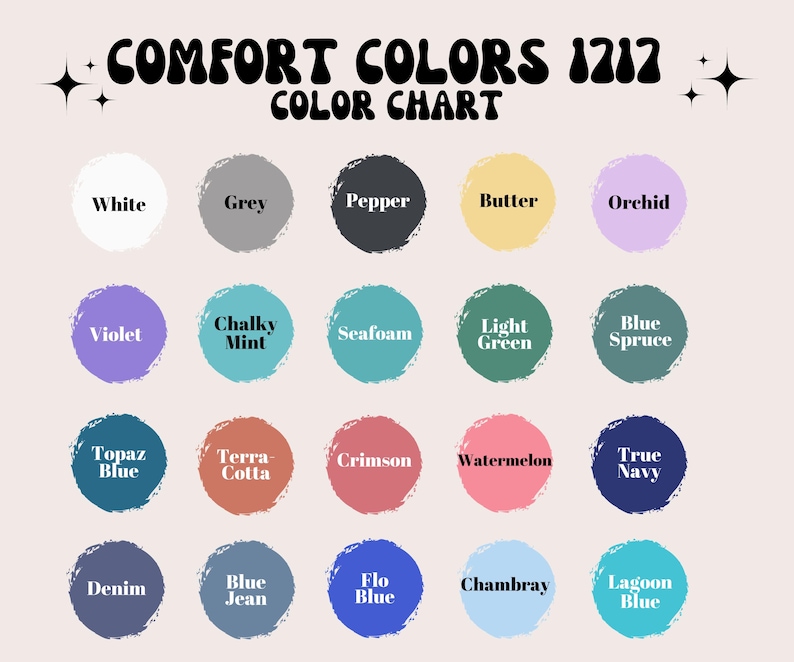 May include: A color chart with 16 different paint colors, labeled with names like "White", "Grey", "Pepper", "Butter", "Orchid", "Violet", "Chalky Mint", "Seafoam", "Light Green", "Blue Spruce", "Topaz Blue", "Terra Cotta", "Crimson", "Watermelon", "True Navy", "Denim", "Blue Jean", "Flo Blue", "Chambray", and "Lagoon Blue".