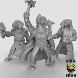 May include: Three grey, detailed, miniature figurines of dogs wearing armor and robes. The dog in the center is holding a hammer, the dog on the left is holding a weapon, and the dog on the right is holding a book.