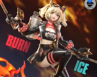 Könnte beinhalten: Eine weibliche Anime-Figur mit blonden Haaren und roten Augen trägt eine schwarze Lederjacke, ein rot-schwarzes Oberteil und eine schwarze Hose. Sie hält eine Waffe in ihrer rechten Hand und eine Sprühdose in ihrer linken Hand. Der Hintergrund ist feurig orange und gelb. Der Text "BURN" ist rot und der Text "ICE" ist blau.