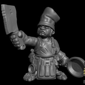 May include: A gray miniature figurine of a chef wearing a tall hat and holding a large knife and a frying pan.