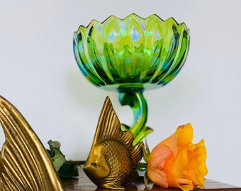 Indiana Glass Green Carnival Lotus Blossom Pedestal Bowl