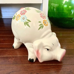 Large Vintage Hand-Painted Piggy Bank with Floral Design