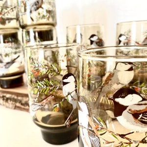 May include: A collection of clear drinking glasses with a bird and branch design. The bird is depicted with black, white, and brown feathers, and the branches have green leaves and red berries. The glasses have a dark brown base.