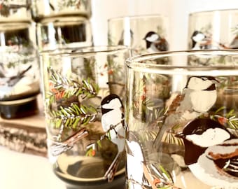 Mid Century Chickadee Libbey Glassware Set of 8