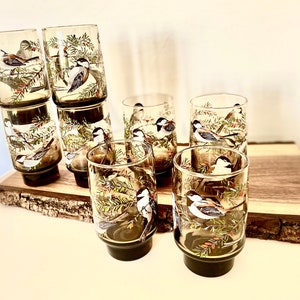 May include: A collection of eight vintage drinking glasses. Each glass is decorated with a detailed illustration of a bird on a branch with green leaves. The glasses have a dark brown base and are on a wooden surface.