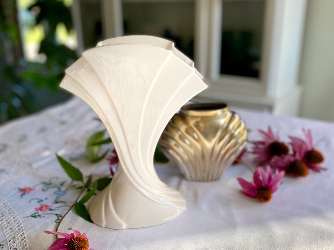 1980's Vase Duo MCM Brass Shell Vase and Ceramic Art Deco Etsy