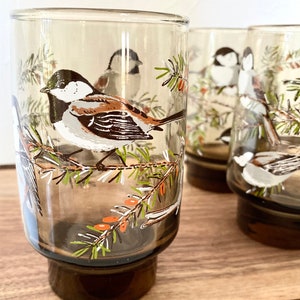 May include: Four vintage drinking glasses with a brown base and clear upper section. Each glass has a painted bird on a branch with green needles and orange berries. The birds have black, white, and brown markings.