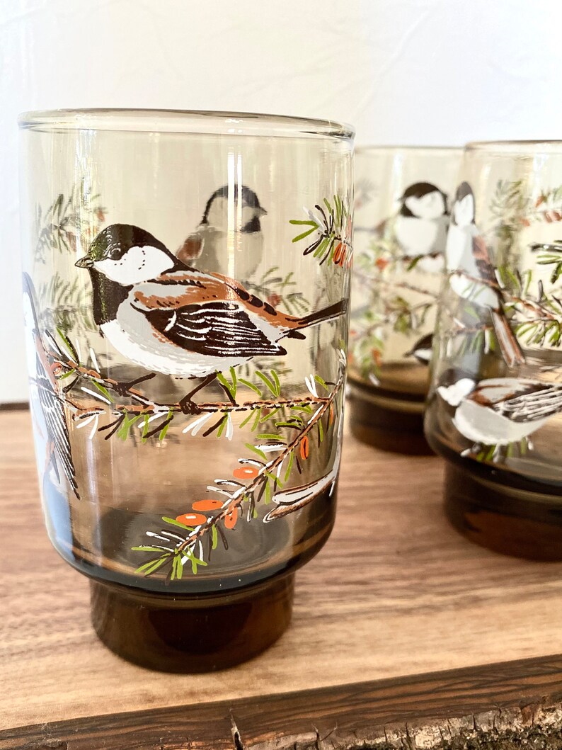 May include: Four vintage drinking glasses with a brown base and clear upper section. Each glass has a painted bird on a branch with green needles and orange berries. The birds have black, white, and brown markings.