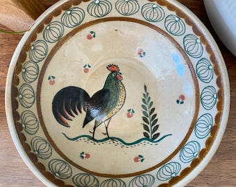 Very old signed hand-painted decorative bowl with rooster