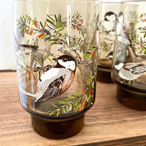 May include: Set of four vintage drinking glasses. Each glass features a detailed illustration of a bird perched on a branch with green needles and orange berries. The glasses have a brown base and a clear upper section.