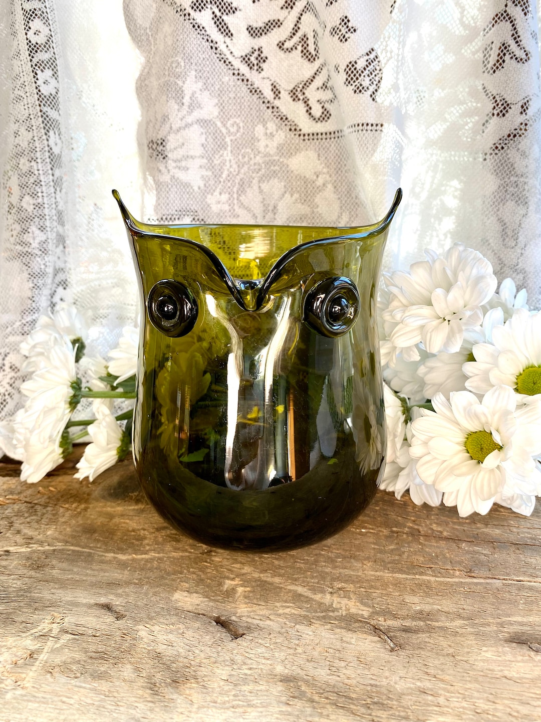 Mid Century Glass Owl Vase Hand Blown Etsy